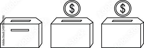 Donation Box Icon Set Featuring Coin Slot and Dollar Symbol for Charity, Fundraising, and Nonprofit Campaigns