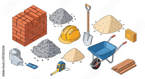 Construction materials and tools arranged in a colorful isometric illustration