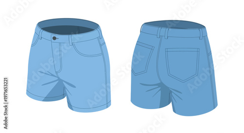Blue denim shorts presented from front and back perspectives