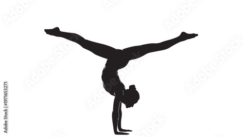 Black silhouette gymnast, handstand split legs, fitness icon, athletic pose