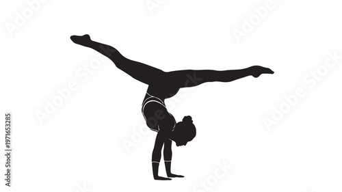 Yoga, gymnastics, fitness, woman, handstand, vector silhouette, black, white background