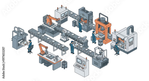 Isometric illustration of a busy automated factory production line with workers