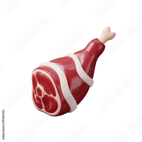 Stylized 3d icon of a glossy crimson cured pork leg (ham) with defined white fat bands and a smooth exposed bone, rendered with high contrast on a transparent backdrop, professional commercial food