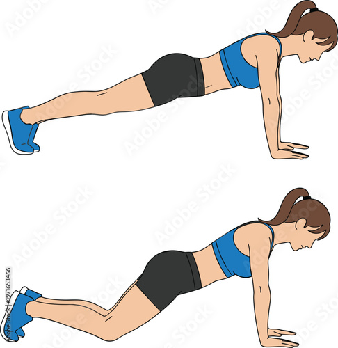 Push-up Exercise Illustration Set Showing Woman in Fitness Routine for Health, Workout, and Exercise Programs