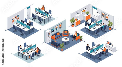 Isometric illustration of a busy modern open plan office workspace