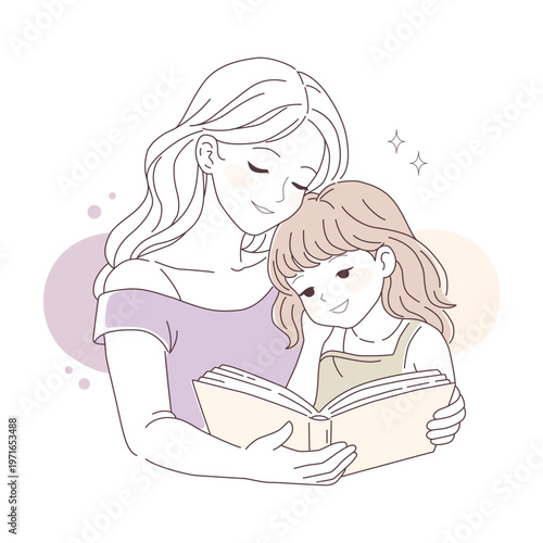 Mother reading a book with her daughter in minimal line style with soft pastel shapes, showing family bonding and learning