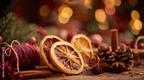 Festive Dried Orange Slices with Cinnamon and Pinecones