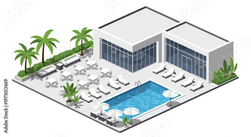 Isometric illustration of a modern resort swimming pool and lounge area