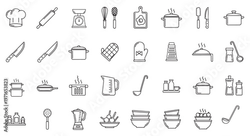 Kitchen Utensils Icon Set — Line Art Cooking Tools, Cookware and Kitchenware Vector Icons