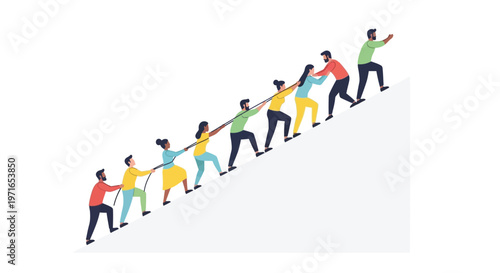 A diverse group of people collaborating to pull a rope uphill