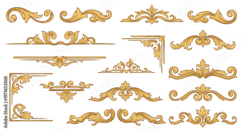 Set of Gold Ornamental Decorative Flourish Borders and Vintage Frame Elements for Design