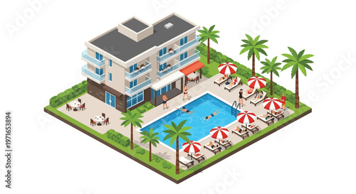 Isometric illustration of a luxury hotel with a poolside recreation area