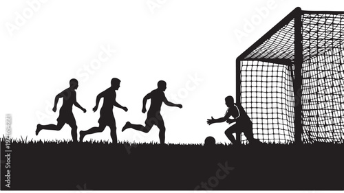 Soccer players running, goalkeeper defending ball, black silhouette football icons, sports vector graphics