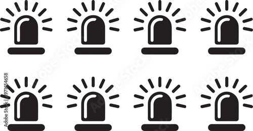 Emergency siren icons set for safety notification and warning alert systems featuring flat black lighthouse shapes on white background