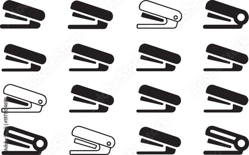 Office stapler icon set with various black silhouette and outline styles for stationery business equipment school supplies and paperwork