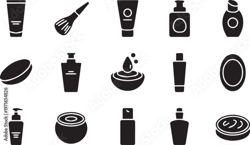Set of black cosmetic icons showing various personal care items like bottles tubes and jars for beauty routine and skin health maintenance