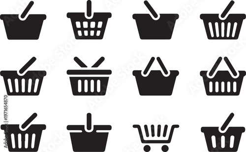 Set of minimalist black and white shopping basket icons collection for retail store interface design isolated on clean white background
