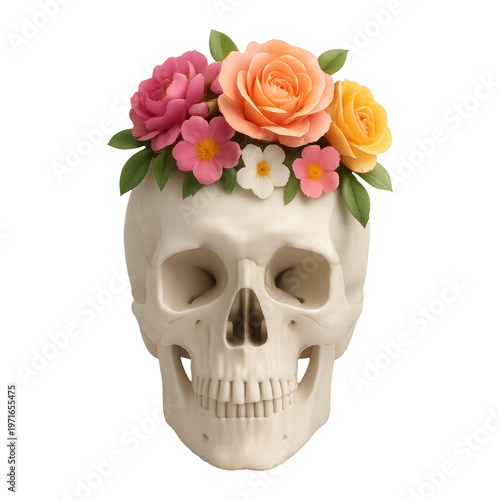 PNG Skull adorned with vibrant flowers.