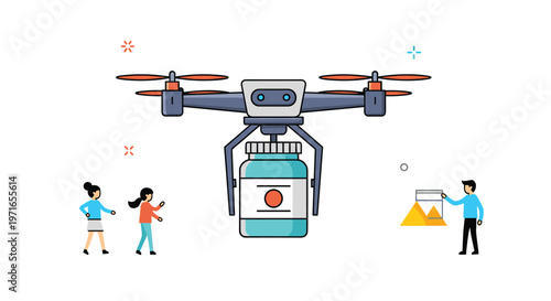 Modern delivery drone carrying a medical jar or supplement container being watched by people in a futuristic logistics concept.