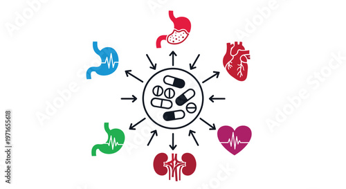Medical illustration showing a variety of medicine pills in a center circle connected to different human organs for drug effects.
