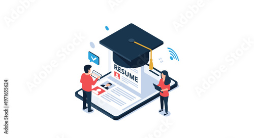 Digital recruitment concept showing a resume and a large graduation cap on a tablet screen with two small people managing data.