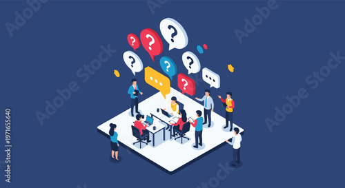 Isometric business meeting illustration showing a team of people sitting at tables surrounded by numerous question mark bubbles.