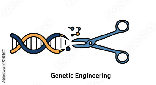 Genetic engineering concept illustration featuring a pair of scissors cutting into a DNA double helix for gene modification purposes.
