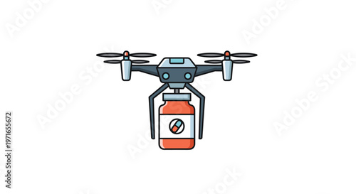 Modern unmanned drone transport technology delivers a bottle of prescription pills through the air for healthcare and medical logistics.