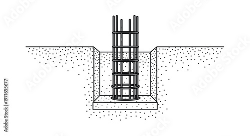 Steel rebar cage construction for a concrete column foundation is placed inside a deep excavated hole in the ground at a building site.