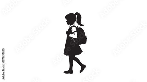 Black silhouette schoolgirl, walking student icon, kid with backpack, educational symbol, vector illustration