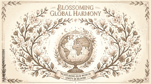 Blossoming global harmony with floral wreath around a vintage globe on beige background