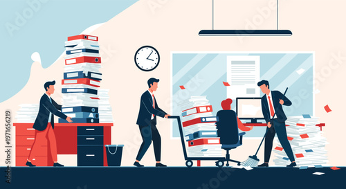 Busy office workers managing huge stacks of colorful folders and paperwork in a high-pressure and stressful workspace environment.