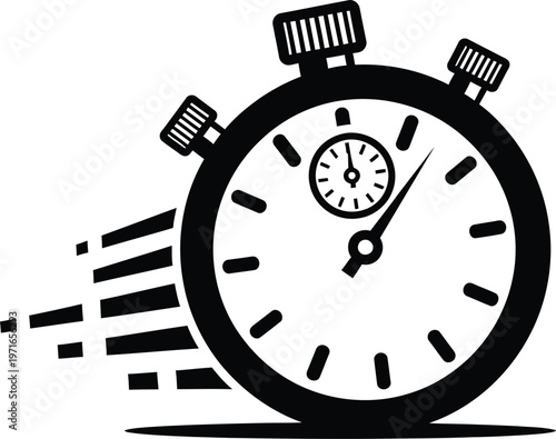 A black and white illustration of a stopwatch with speed lines symbolizing time velocity and competition