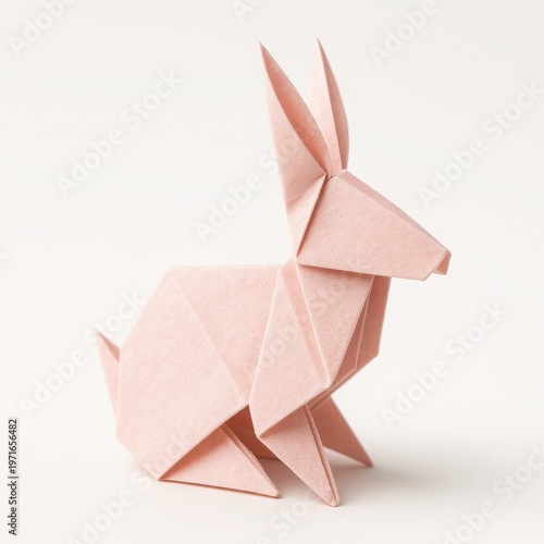 Textured pink origami sculpture depicting a seated lagomorph on a bright surface