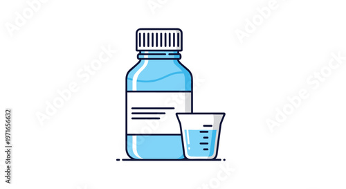 Blue medicine bottle with a white label standing next to a small measuring cup filled with clear liquid medication for treatment.