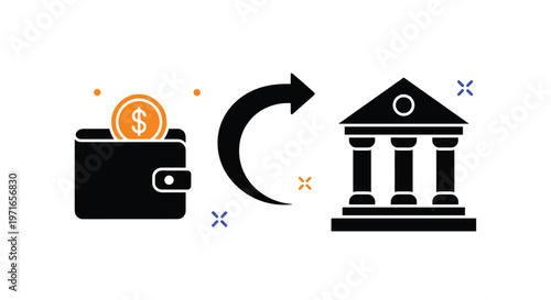 Financial transaction icon showing a black wallet with a dollar coin being transferred to a traditional bank building structure.