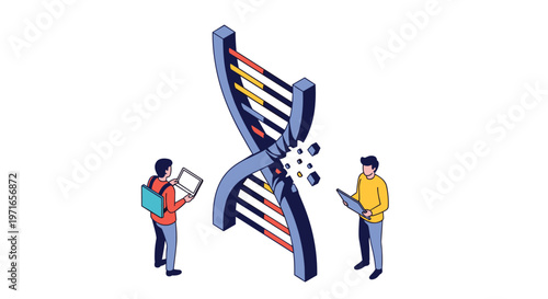 Scientists working on a broken DNA strand to repair the genetic code using modern biotechnology and advanced digital tools in a lab.
