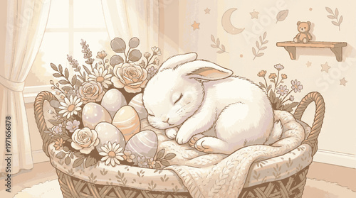Adorable white rabbit sleeps peacefully in woven basket with colorful easter eggs and flowers in a cozy nursery room with soft lighting