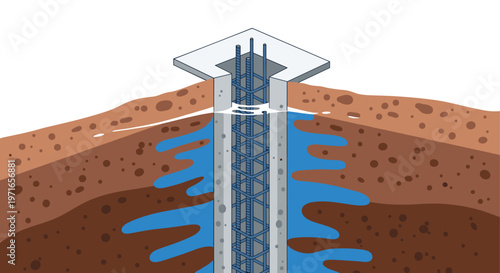 Cross section of an underground building foundation showing strong concrete pillars reinforced with steel rebar cages in the soil.