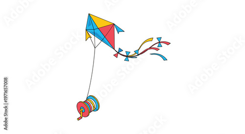 Vibrant colorful diamond-shaped kite with a long flowing tail and string reel flying against a plain white background for fun.
