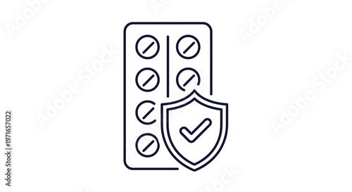 Pharmaceutical safety concept showing a blister pack of medicine tablets protected by a secure shield icon with a check mark.