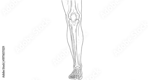 Detailed medical line drawing of human leg bones including the femur, patella, tibia, and the complex foot bone structure.