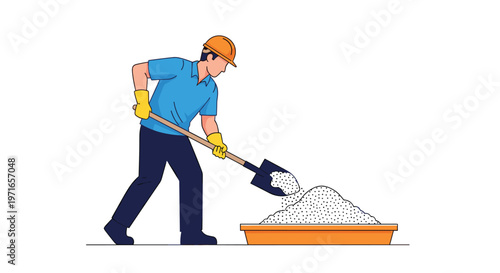 Construction worker wearing a hard hat and protective gloves shoveling sand or cement in a wooden tray on a building site.