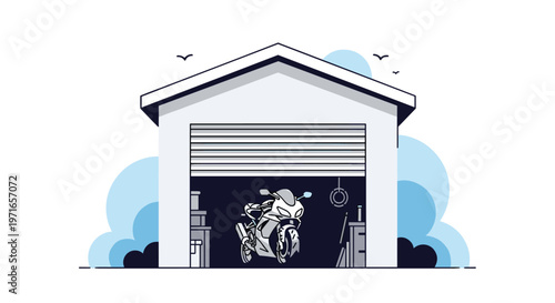 Modern garage interior with an open shutter revealing a high-performance motorcycle parked inside on a sunny day with birds.