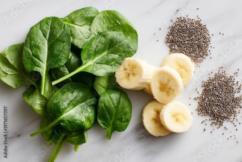 Fresh Spinach, Banana Slices and Chia Seeds