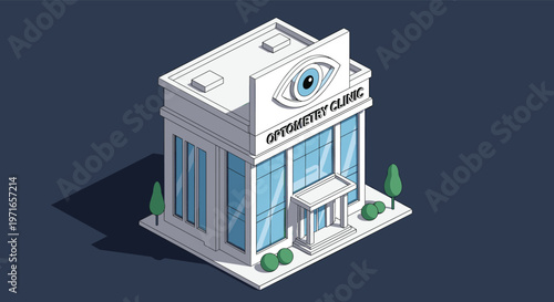 Isometric view of a professional optometry clinic building featuring a large eye symbol on the main sign for vision healthcare.