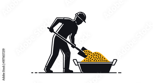 Construction worker silhouette using a shovel to move materials into a container on a clean white background design.