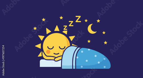 Sleeping sun character resting in a comfortable bed under a blue blanket with stars and moon in the dark night sky.