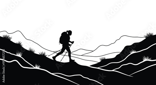 Hiker silhouette trekking through a rugged mountain landscape using walking poles during a challenging outdoor adventure.