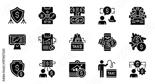 Comprehensive set of tax and financial icons depicting currency, reporting, protection, and long term investment growth.